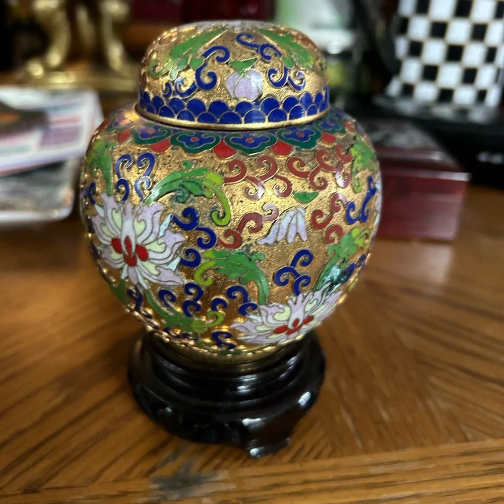 Vintage Cloisonné Ginger Jar with Stand